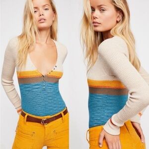 Free People Frequency V-Neck Ribbed Blue Combo Retro Stripes Fitted Sweater L